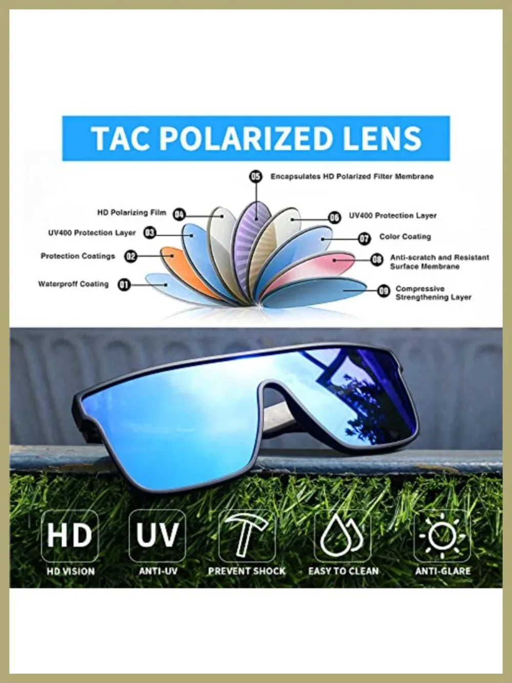 Oversized Square Polarized Shield Sunglasses UV400 Lightweight One Piece Lens